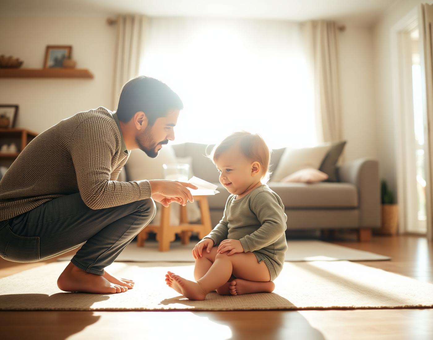 A parent kneeling to eye level, calmly connecting with their young child
